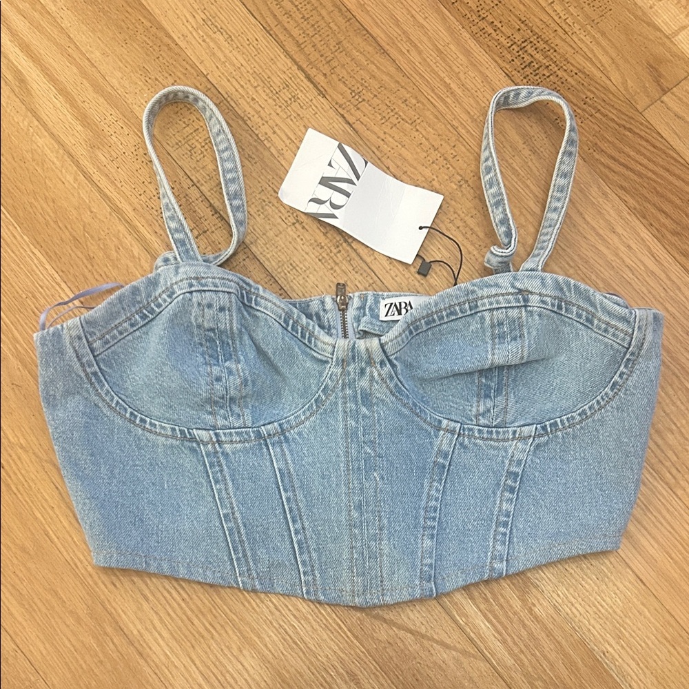 Zara Denim Blue Bustier Crop Top Corset Jean NWT